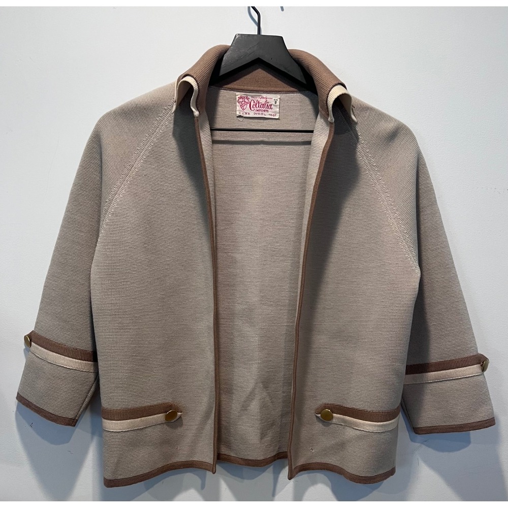 Vintage Coltalia Imports 100% Wool Knit Blazer‎ Cardigan Size 8 Beige Brown